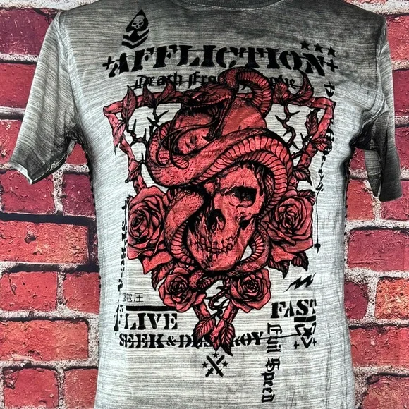 Affliction Men's Short Sleeve Graphic T-shirt -Gray/Black -Various Sizes- NWT - Picture 4 of 13